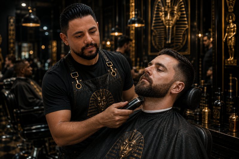 A barber sculpting a beard in Pharaoh's Blades and Barber's golden interior