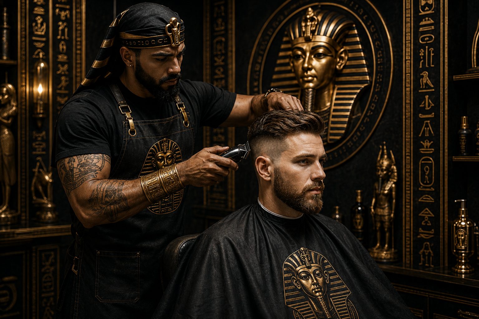 A barber sculpting a sharp fade in Pharaoh's Blades and Barber's gold Egyptian interior
