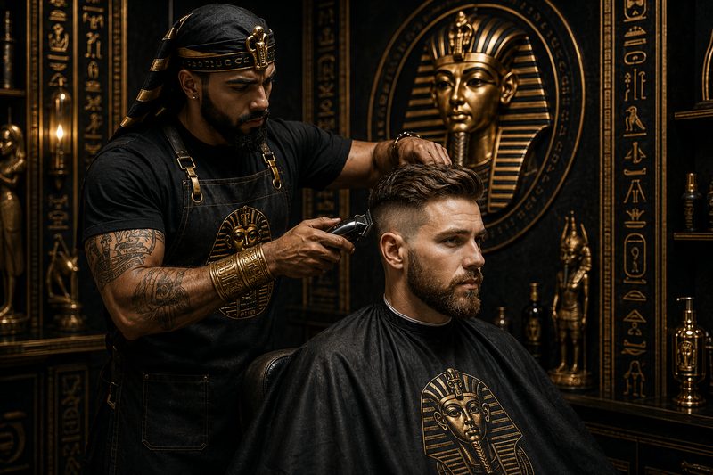 A barber finishing a precise fade at Pharaoh's Blades and Barber