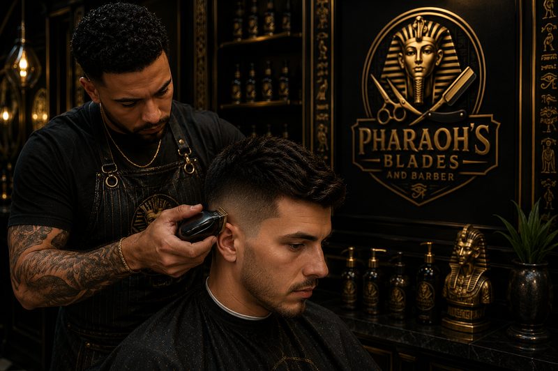 A barber clipping a sharp fade for a client at Pharaoh's Blades and Barber