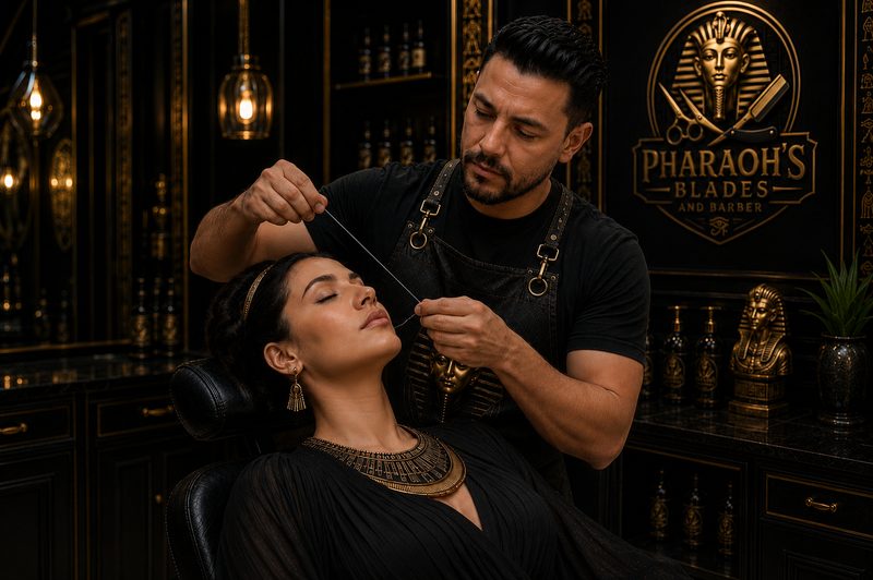 An eyebrow threading treatment at Pharaoh's Blades and Barber